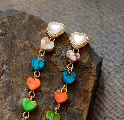 Gold-Plated Multi-Coloured Impression Jasper Heart Earrings - Egret Jewellery