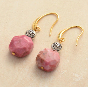 Gold Plated Rhodonite Lotus Earrings - Egret Jewellery