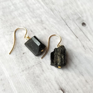 Gold Raw Rough Tourmaline Black Rock Crystal Hook Earrings Grey Irregular - Egret Jewellery