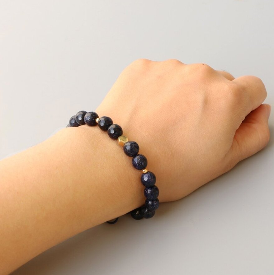 Natural Gemstone Beaded Goldstone Cord Stacking Bracelet Navy Blue Stars - Egret Jewellery