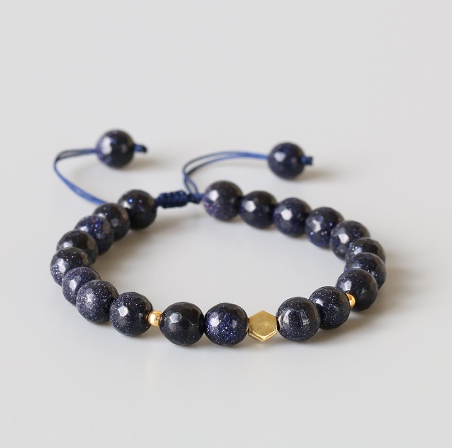 Natural Gemstone Beaded Goldstone Cord Stacking Bracelet Navy Blue Stars - Egret Jewellery