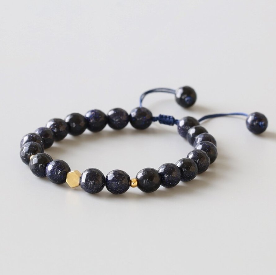 Natural Gemstone Beaded Goldstone Cord Stacking Bracelet Navy Blue Stars - Egret Jewellery