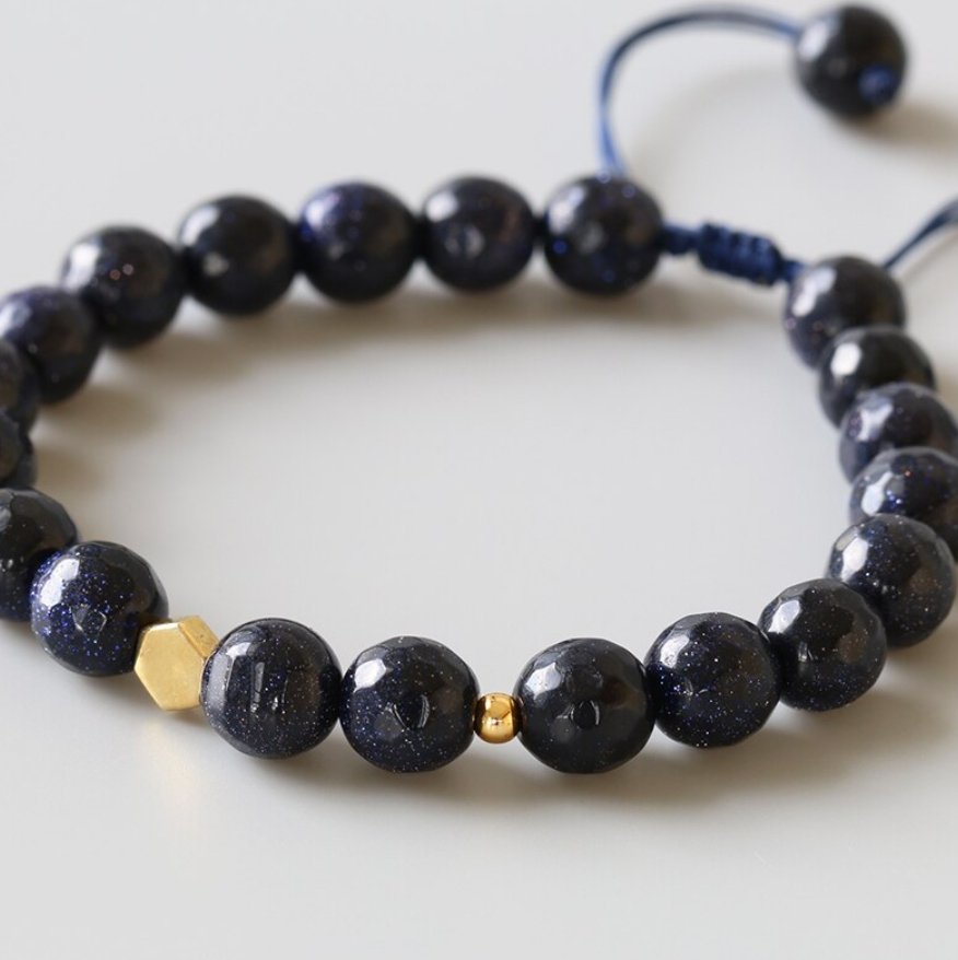 Natural Gemstone Beaded Goldstone Cord Stacking Bracelet Navy Blue Stars - Egret Jewellery
