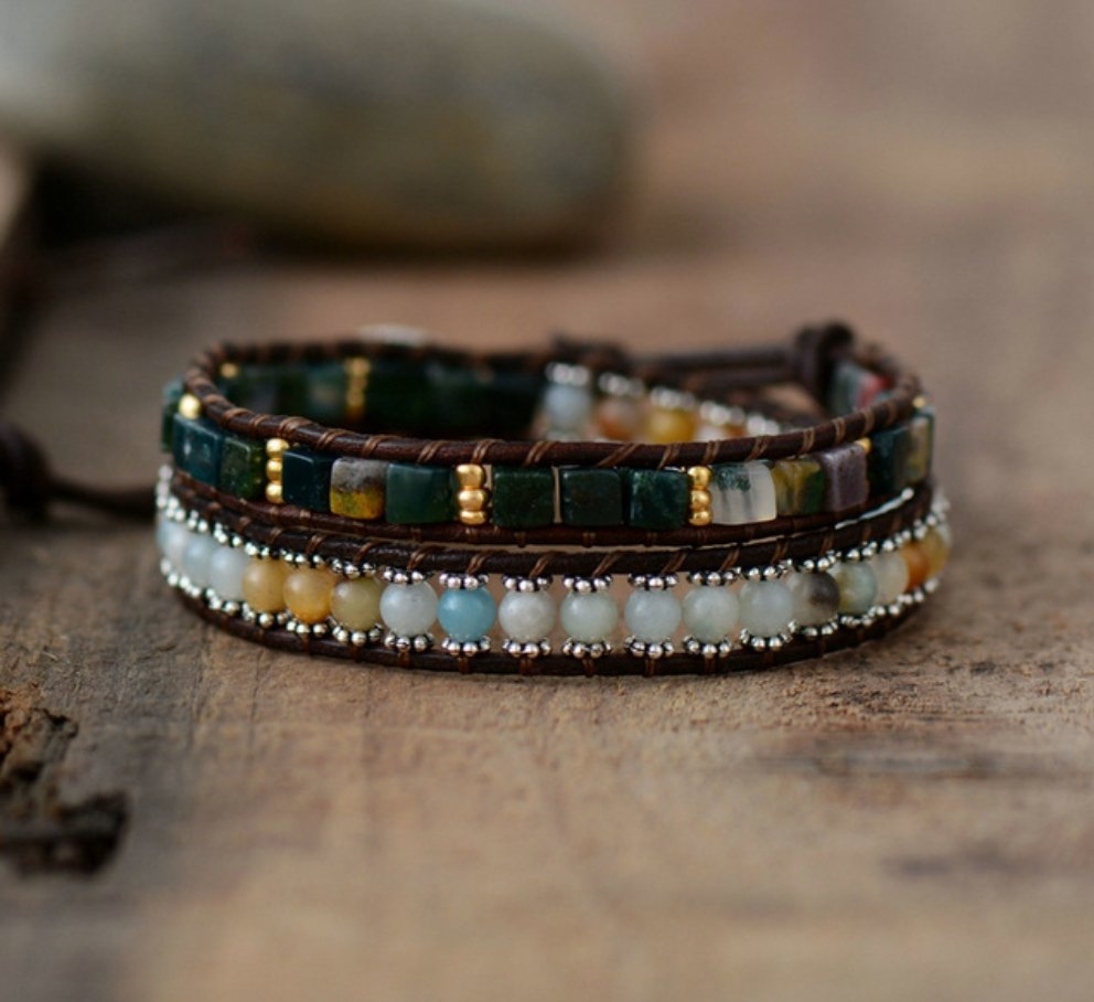 Natural Beaded Leather Green Aventurine Chakra Wrap Bracelet - Egret Jewellery