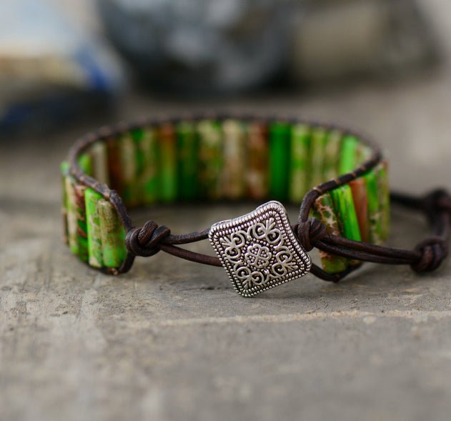 Natural Beaded Oblong Green Impression Jasper Wrap | Cuff Leather Bracelet - Egret Jewellery