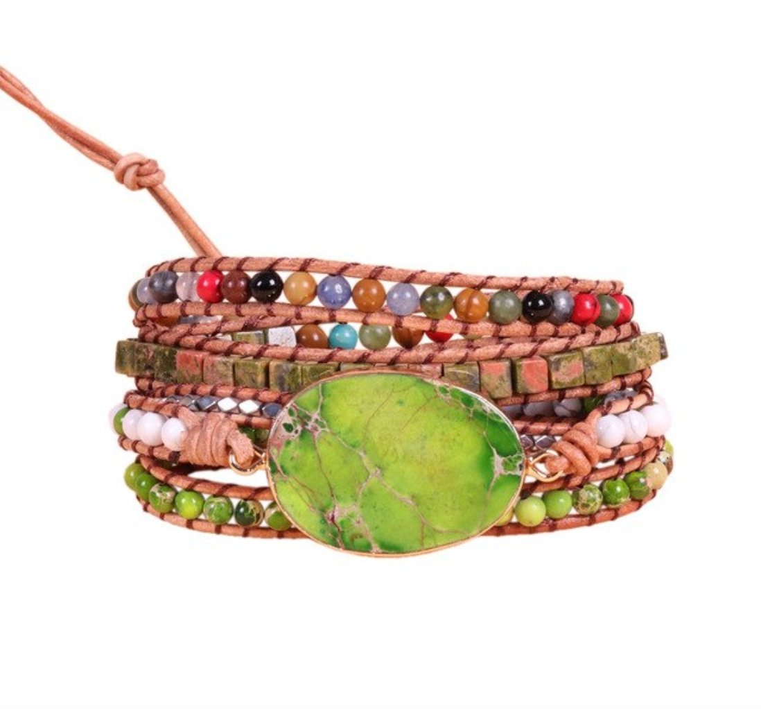 Natural Beaded Green Impression Jasper Geode Wrap | Cuff  Bracelet - Egret Jewellery