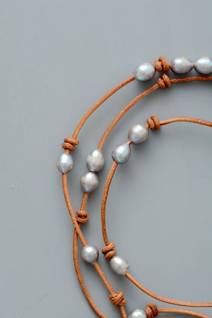 Genuine Freshwater Grey Pearl Leather Beaded Necklace - Egret Jewellery