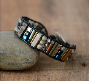 Natural Oblong Beaded Hematite Leather Cuff Bracelet - Egret Jewellery
