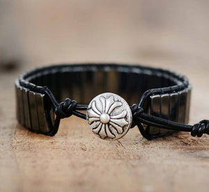Beaded Hematite Leather Wrap Cuff Bracelet, Tube Silver Mens Oblong Stacking - Egret Jewellery