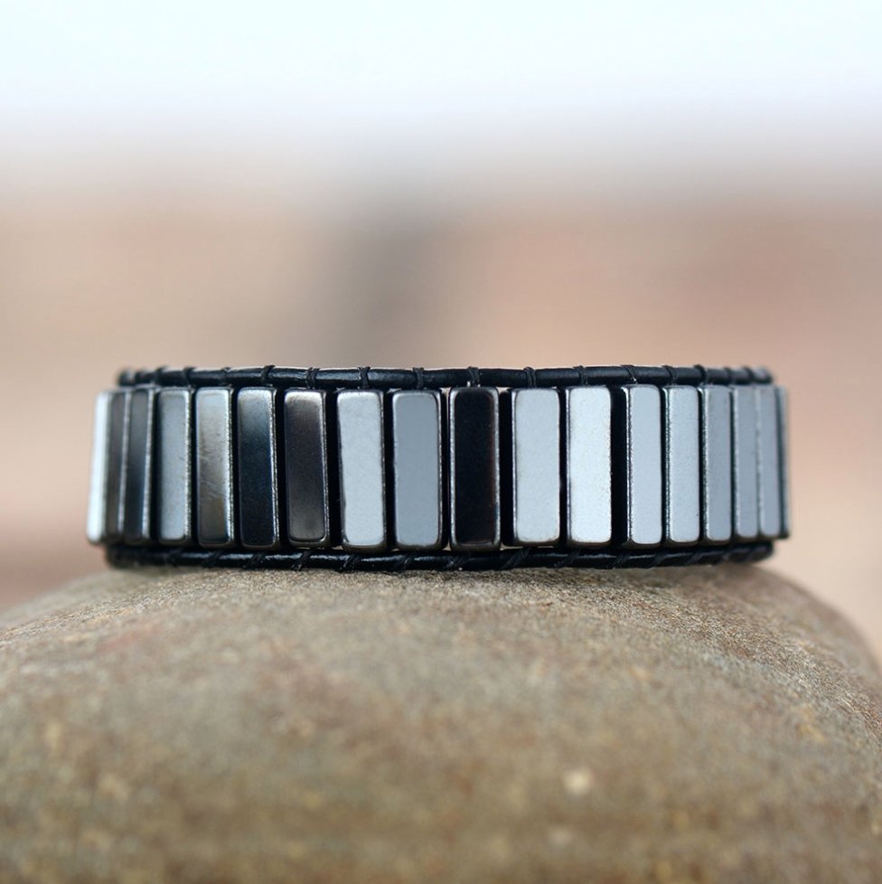 Beaded Hematite Leather Wrap Cuff Bracelet, Square Silver Mens Oblong Stacking - Egret Jewellery