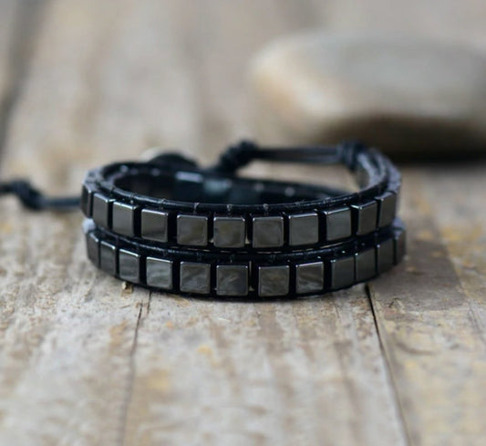Natural Mens Beaded Hematite Leather Wrap Cuff Bracelet - Egret Jewellery
