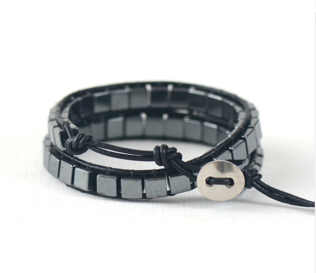 Natural Mens Beaded Hematite Leather Wrap Cuff Bracelet - Egret Jewellery