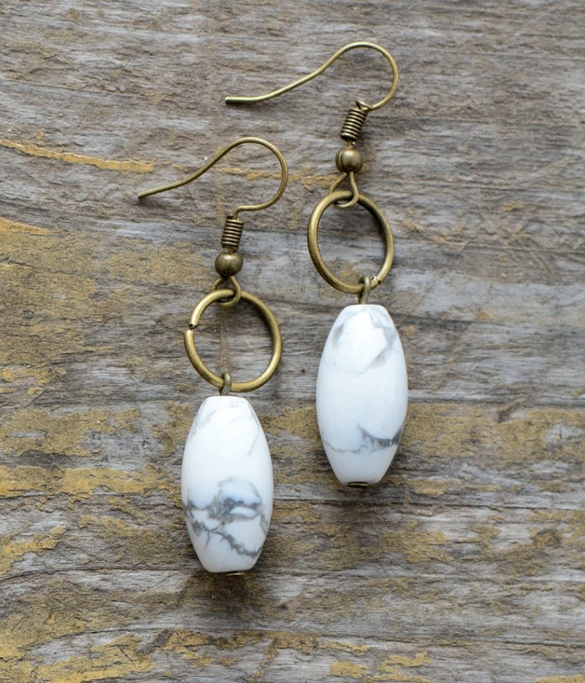 Natural White Howlite & Bronze Stone Drop Oval Boho Earrings - Egret Jewellery