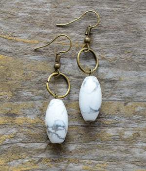 Natural White Howlite & Bronze Stone Drop Oval Boho Earrings - Egret Jewellery