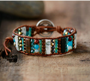 Leather Beaded Howlite Oblong Wrap | Cuff Bracelet - Egret Jewellery