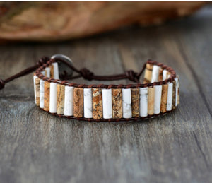 Natural Beaded Howlite & Jasper Leather Oblong Cuff Bracelet - Egret Jewellery