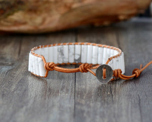 Natural Beaded Oblong White Howlite Leather Cuff Bracelet - Egret Jewellery