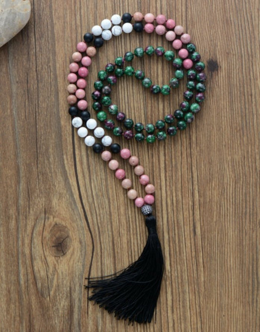 Long Natural Stone Beaded Mala Tassel Necklace Howlite | Ruby in Zoisite | Onyx - Egret Jewellery