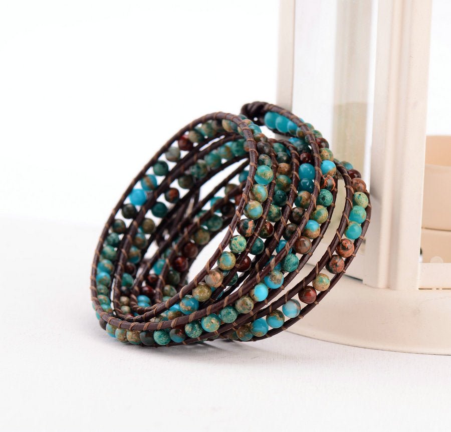 Natural Stone Imperial Jasper Beaded Leather Wrap Bracelet - Egret Jewellery
