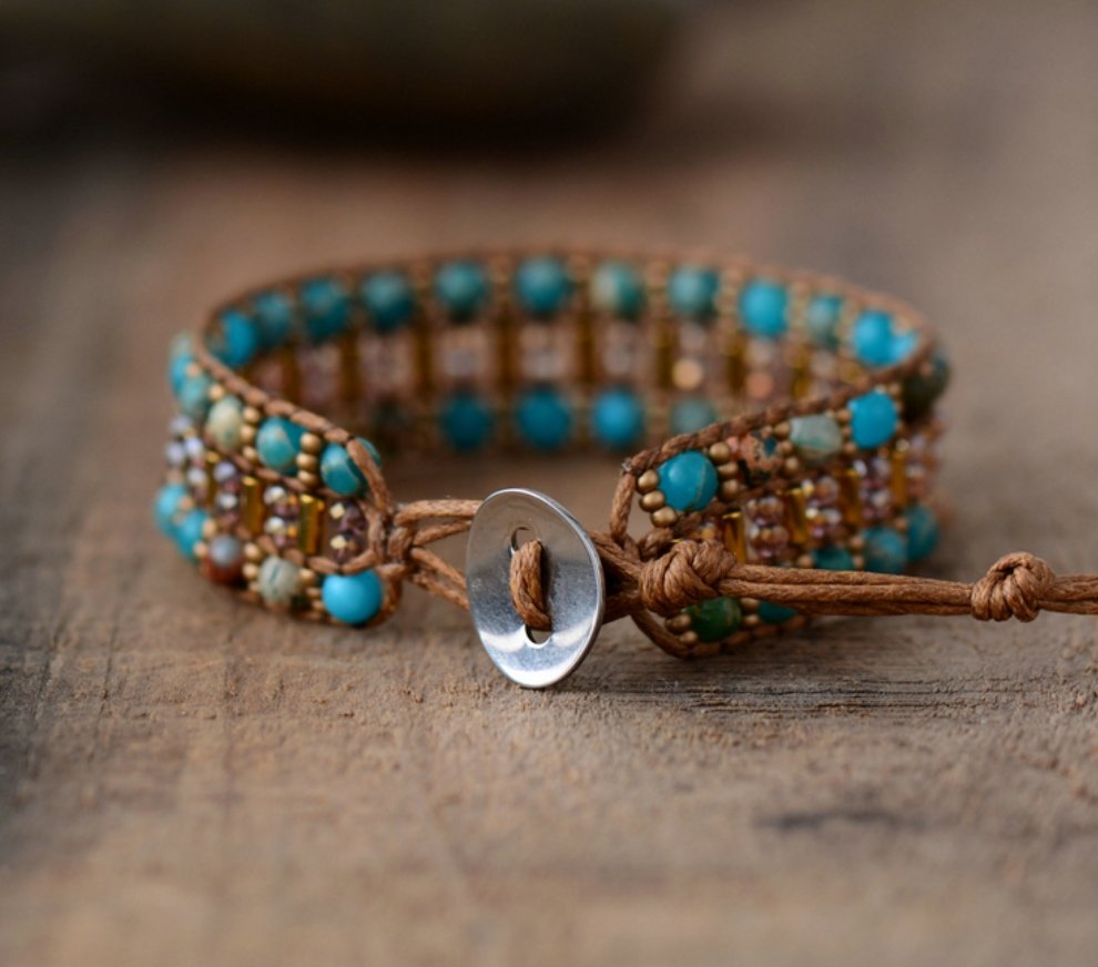 Leather Oblong Beaded Imperial Jasper & Seed Beads Cuff | Wrap Bracelet - Egret Jewellery