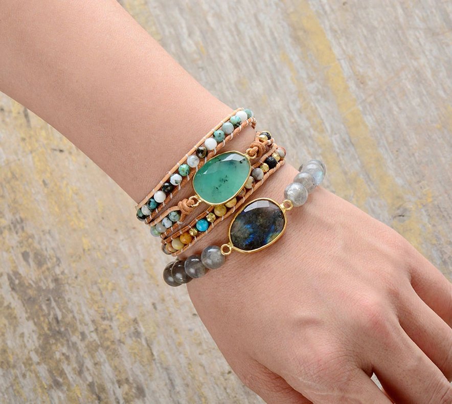 Natural Stone Beaded Jade | African Turquoise | Beads Druzy Geode Wrap Bracelet - Egret Jewellery