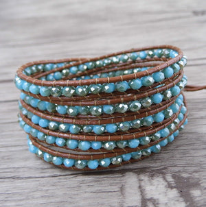 Natural Pale Blue Jade Beaded Leather Cuff | Wrap Bracelet - Egret Jewellery