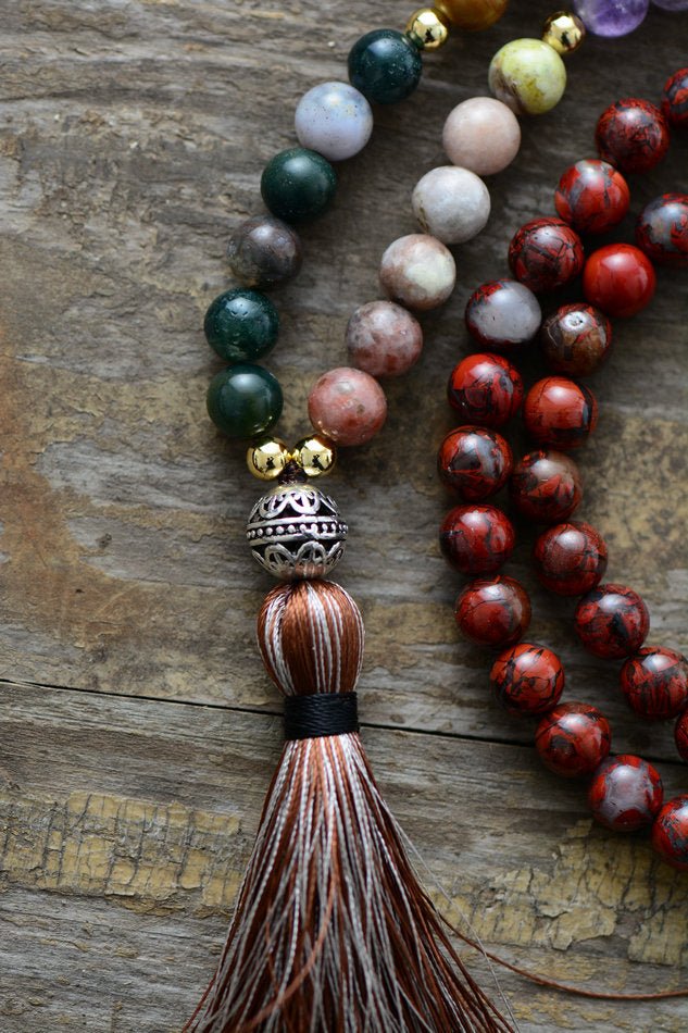 Gemstone Chakra Jade & Jasper Boho Mala Beaded Tassel Necklace - Egret Jewellery