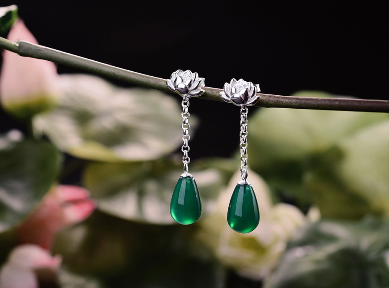 Natural Jade Sterling Silver Lotus Flower Drop Dangle Earrings Boho Green - Egret Jewellery
