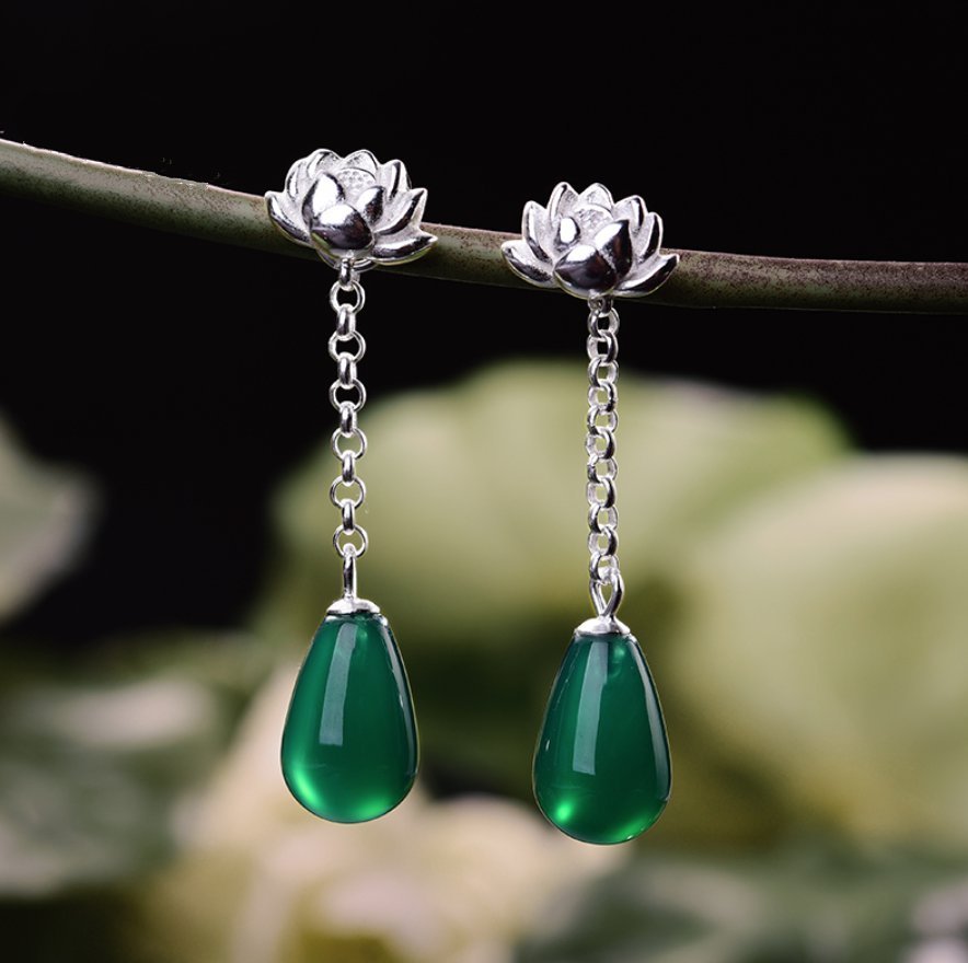 Natural Jade Sterling Silver Lotus Flower Drop Dangle Earrings Boho Green - Egret Jewellery