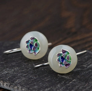 Natural Jade Sterling Silver Lotus Enamel Drop Earrings - Egret Jewellery