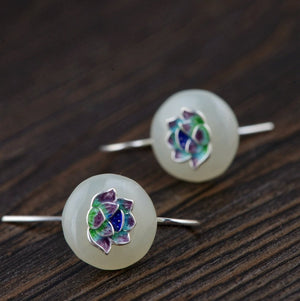 Natural Jade Sterling Silver Lotus Enamel Drop Earrings - Egret Jewellery