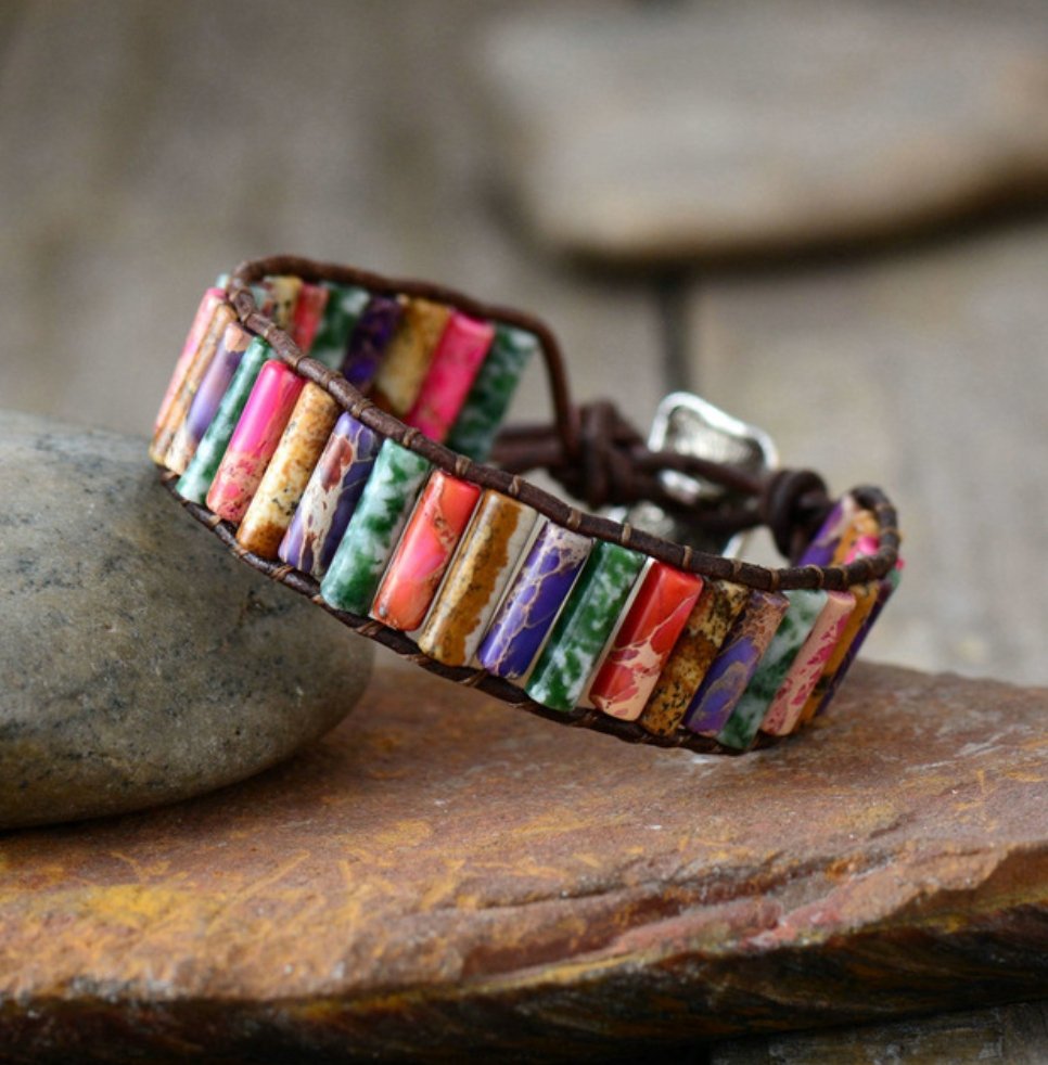 Natural Jasper & Agate Oblong Beaded Wrap Chakra Cuff Bracelet - Egret Jewellery
