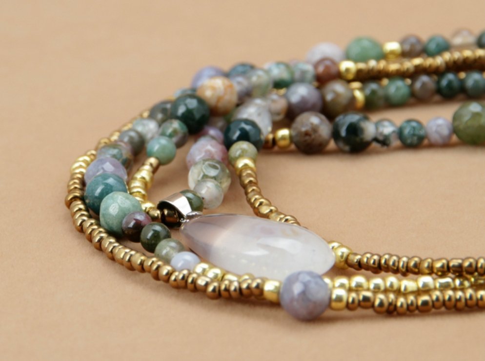 Beaded Jasper & Agate Layered Seed Beads & Natural Stone Gold Necklace - Egret Jewellery
