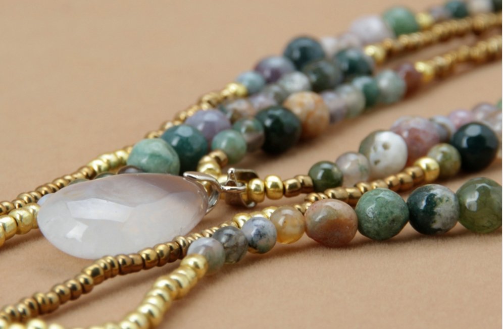 Beaded Jasper & Agate Layered Seed Beads & Natural Stone Gold Necklace - Egret Jewellery