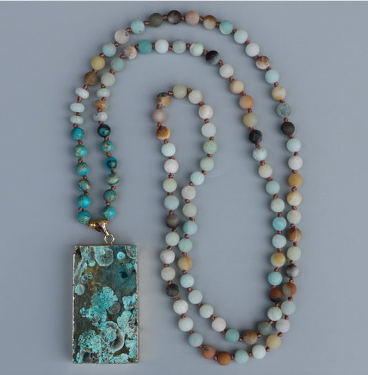 Druzy Lariat Imperial Jasper & Amazonite Geode Beaded Necklace - Egret Jewellery