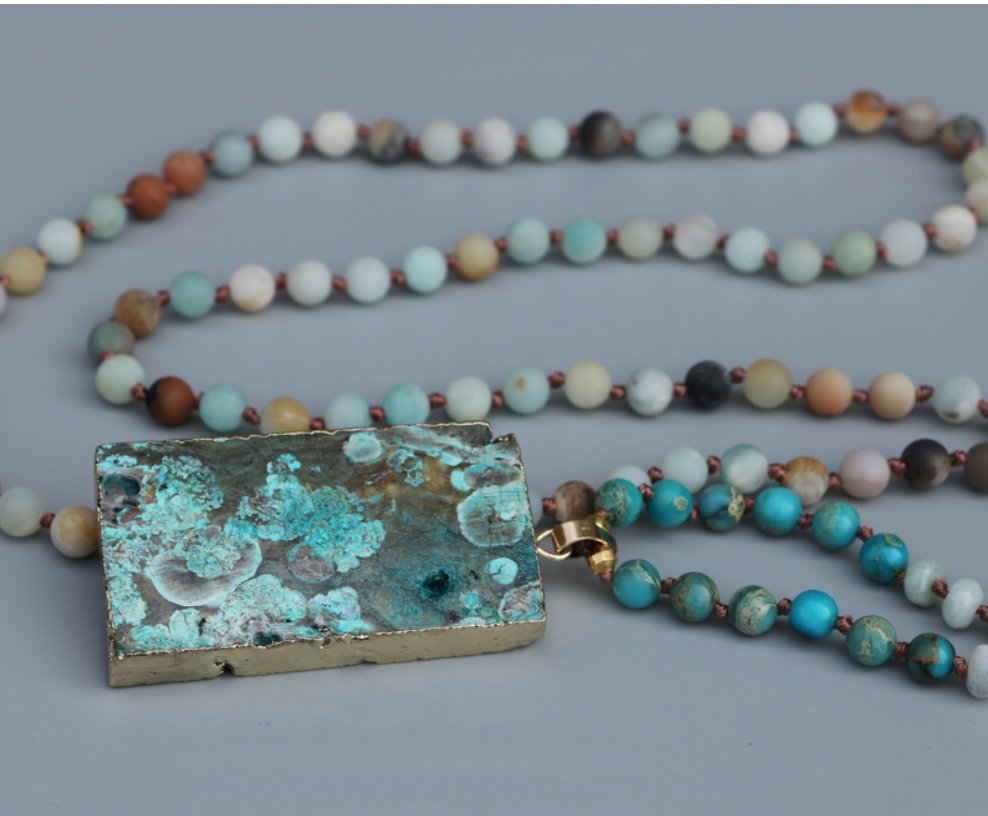 Druzy Lariat Imperial Jasper & Amazonite Geode Beaded Necklace - Egret Jewellery