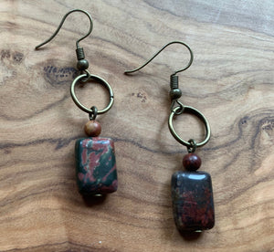 Natural Boho Square Bronze, Jasper Stone Drop Earrings - Egret Jewellery
