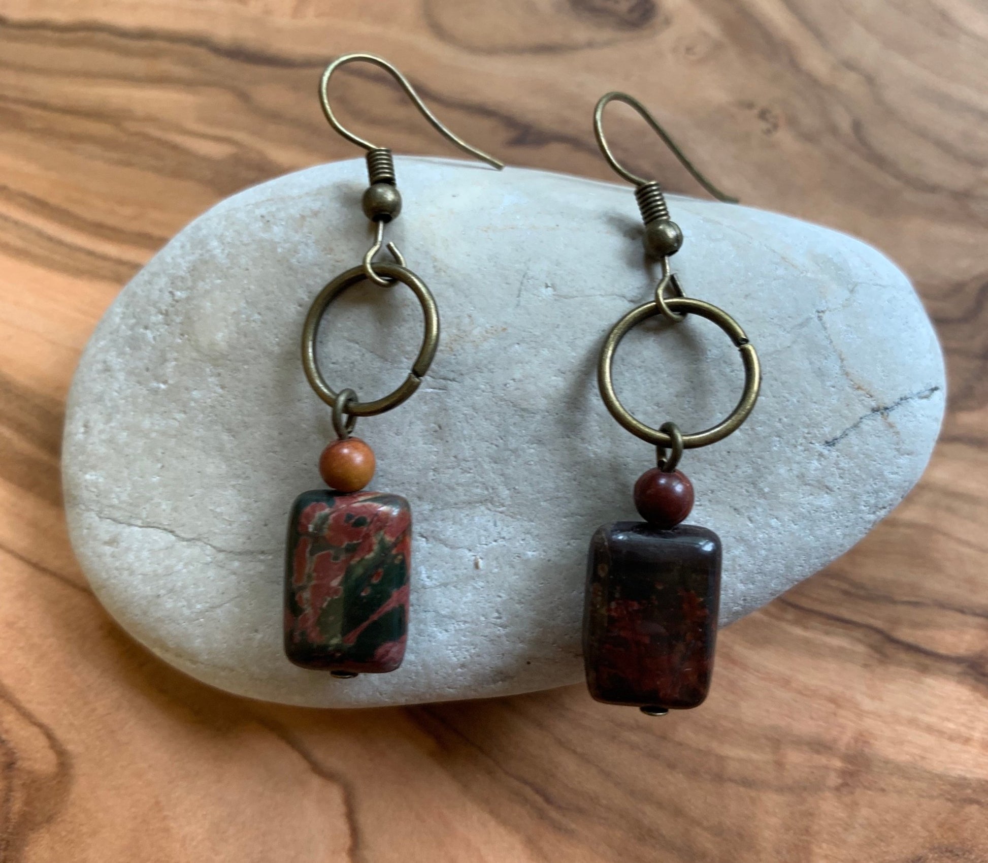 Natural Boho Square Bronze, Jasper Stone Drop Earrings - Egret Jewellery