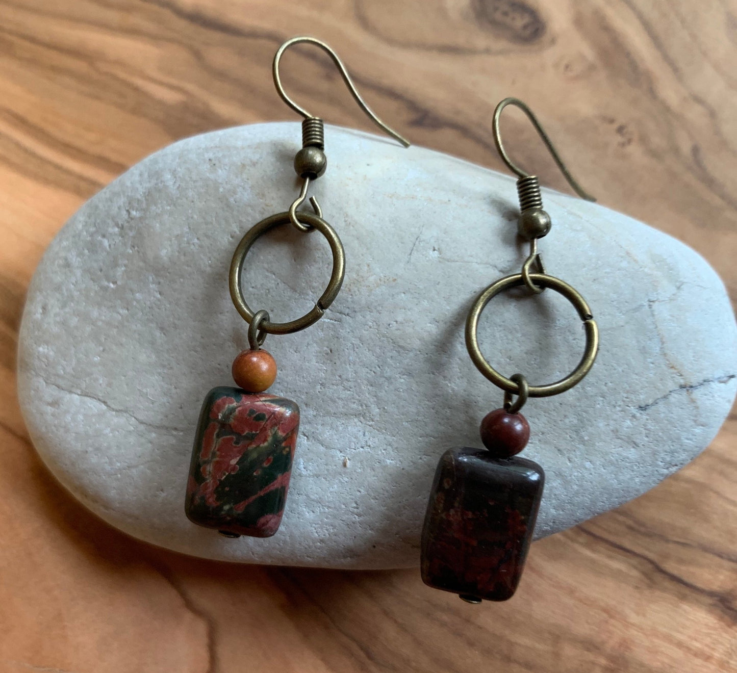 Natural Boho Square Bronze, Jasper Stone Drop Earrings - Egret Jewellery