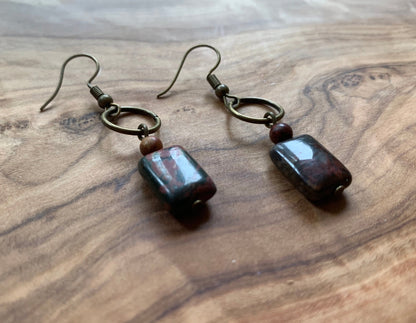 Natural Boho Square Bronze, Jasper Stone Drop Earrings - Egret Jewellery