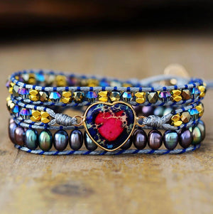Impression Jasper Heart Purple Freshwater Pearl Cord Beaded Wrap Bracelet - Egret Jewellery