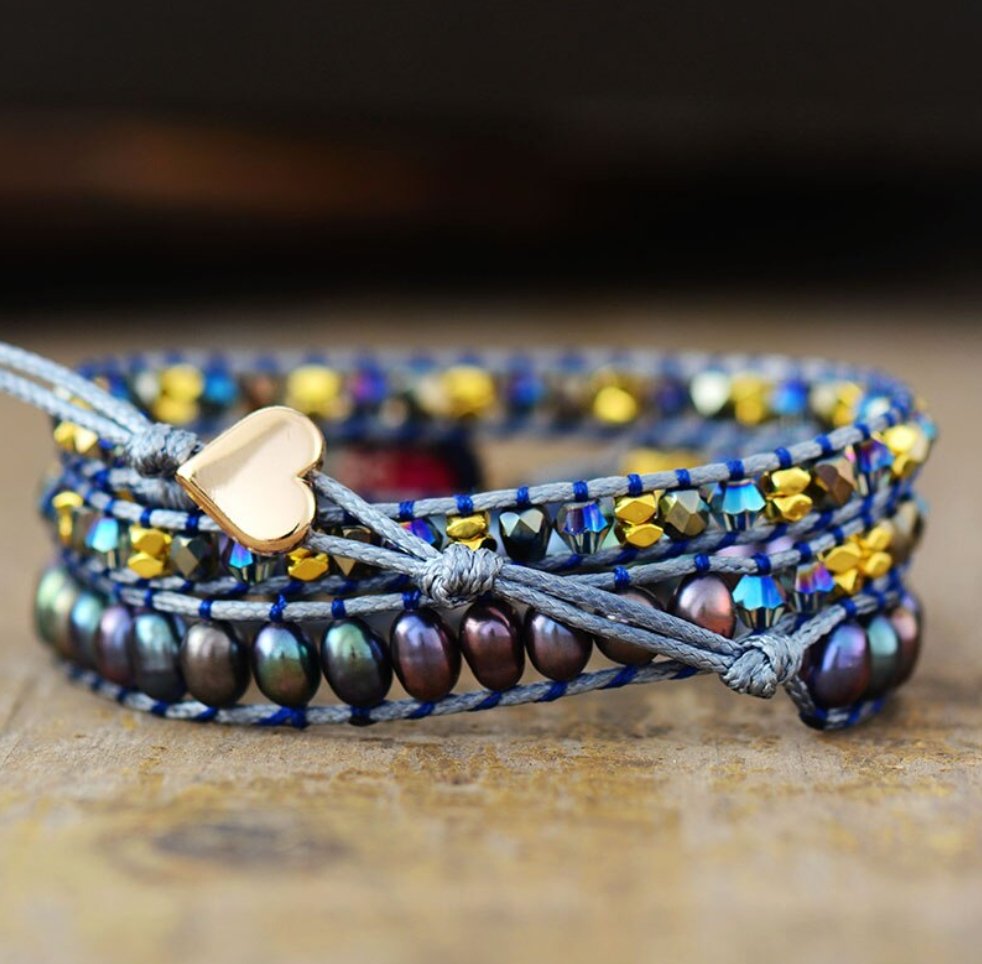 Impression Jasper Heart Purple Freshwater Pearl Cord Beaded Wrap Bracelet - Egret Jewellery