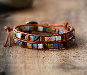 Natural Beaded Jasper, Lapis Lazuli & Agate Leather Wrap Bracelet - Egret Jewellery