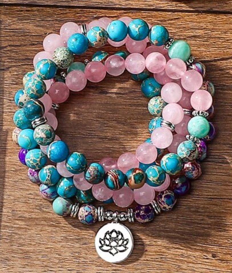 Natural Jasper | Rose Quartz Beaded Bracelet Wrap, Mala Beads Necklace Lotus - Egret Jewellery