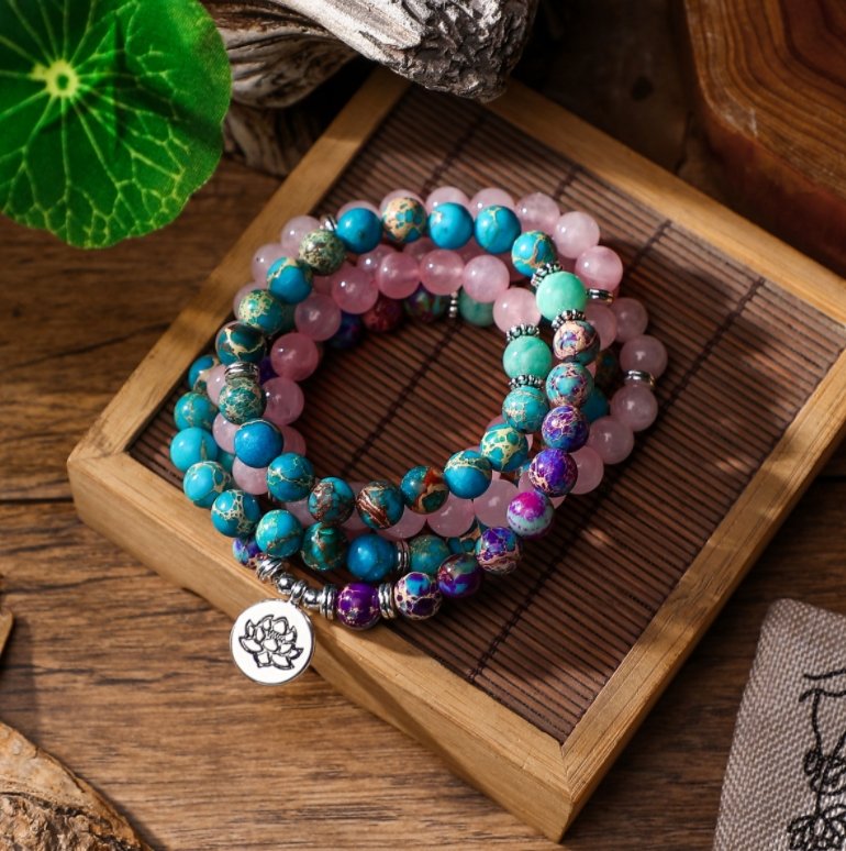 Natural Jasper | Rose Quartz Beaded Bracelet Wrap, Mala Beads Necklace Lotus - Egret Jewellery