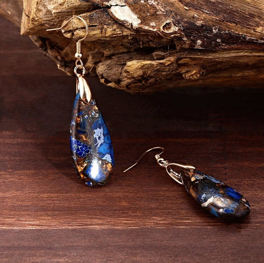 Natural Gemstone Jasper Teardrop Drop Dangle Water Drop Earrings Blue Gold - Egret Jewellery