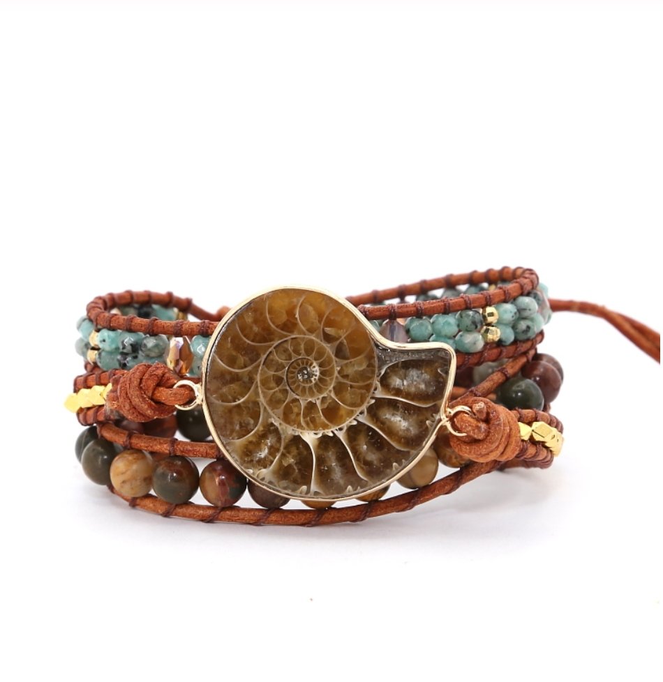 Natural Gemstone Jasper & Turquoise Beaded Ammonite Wrap Bracelet - Egret Jewellery