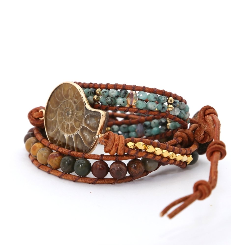 Natural Gemstone Jasper & Turquoise Beaded Ammonite Wrap Bracelet - Egret Jewellery
