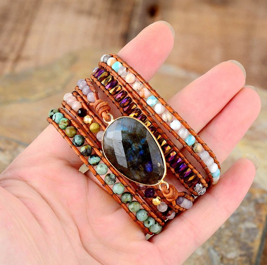 Natural Stone Beaded Labradorite Druzy Geode Wrap Bracelet - Egret Jewellery