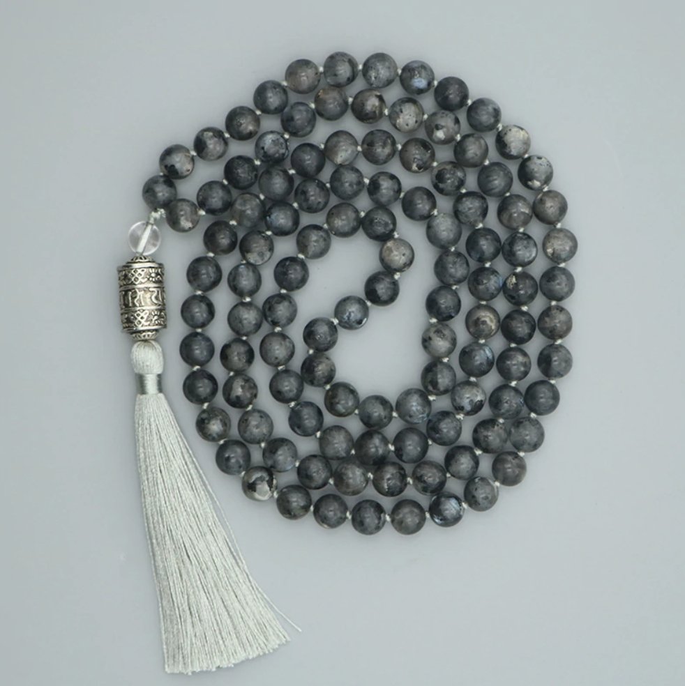 Natural Labradorite Beaded Long Mala Necklace Six True Words OM Mantra Grey - Egret Jewellery